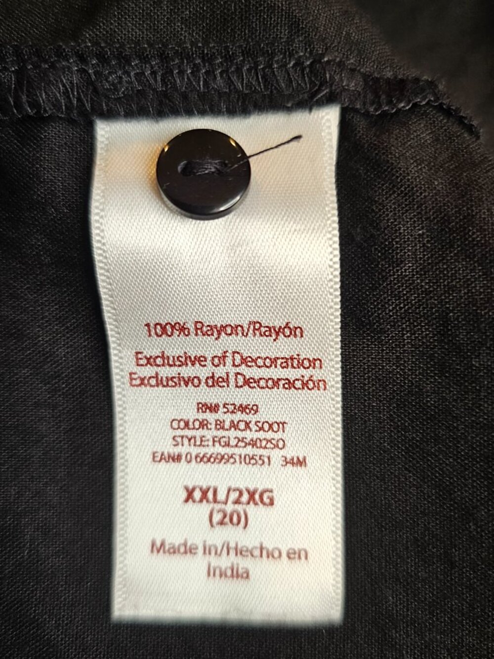 Faded Glory, Plus Size XXL (20), Tunic, Peasant Top, Black, 100% Rayon - Picture 7 of 8